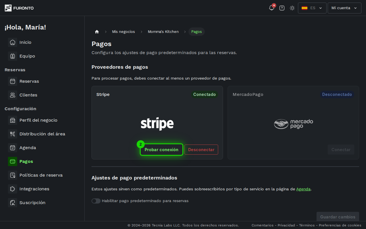 Tarjeta del proveedor conectado con los botones de probar conexión y desconectar