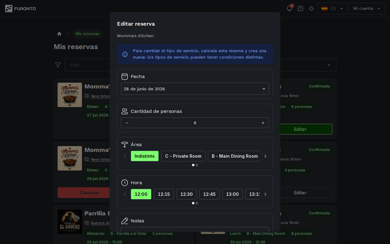 Cuadro de edición de reserva abierto