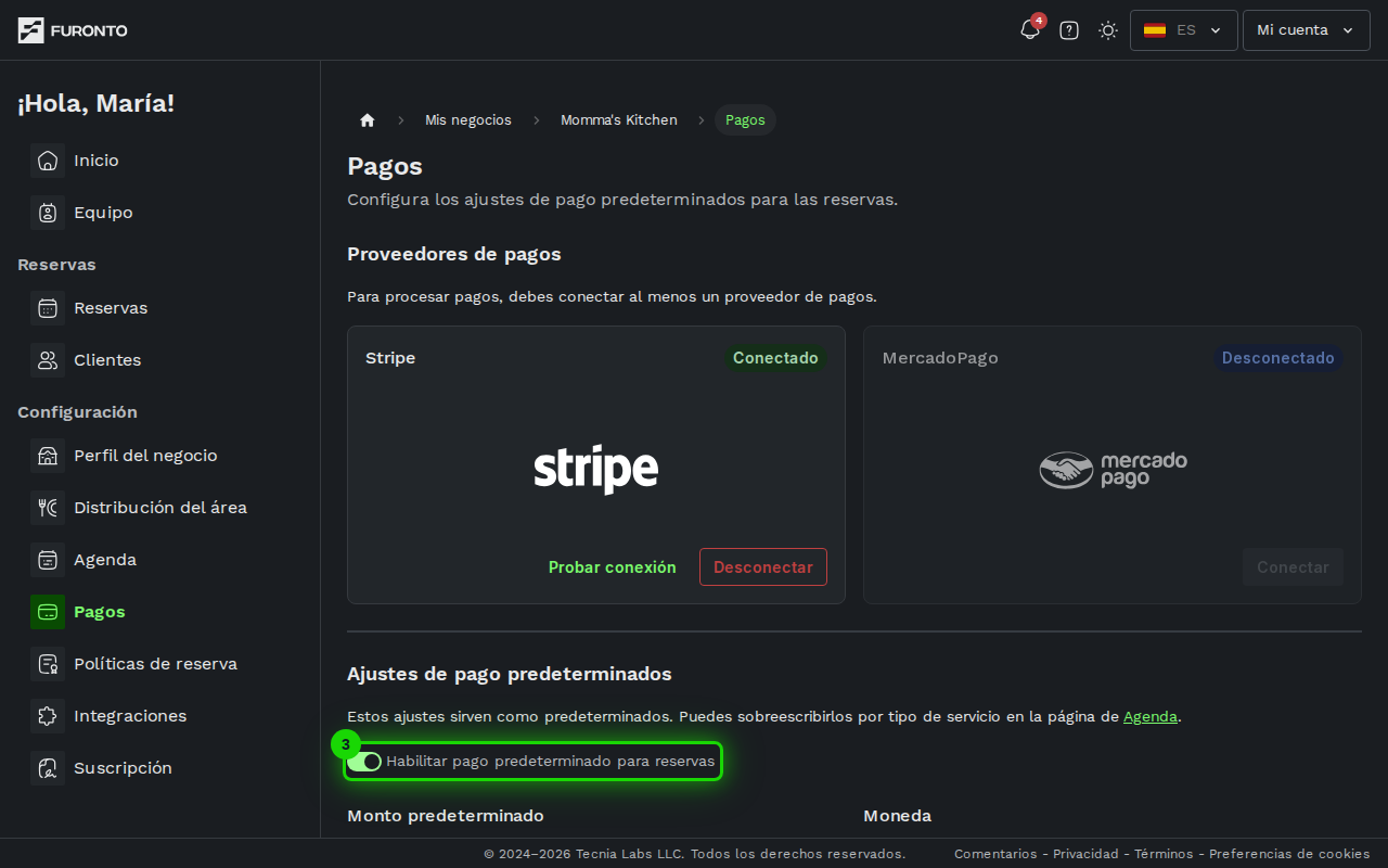 Interruptor para habilitar el pago predeterminado de reservas