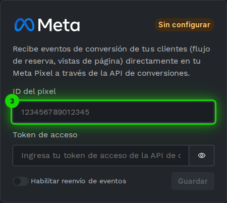 Tarjeta de Meta Pixel con el campo de ID del pixel resaltado