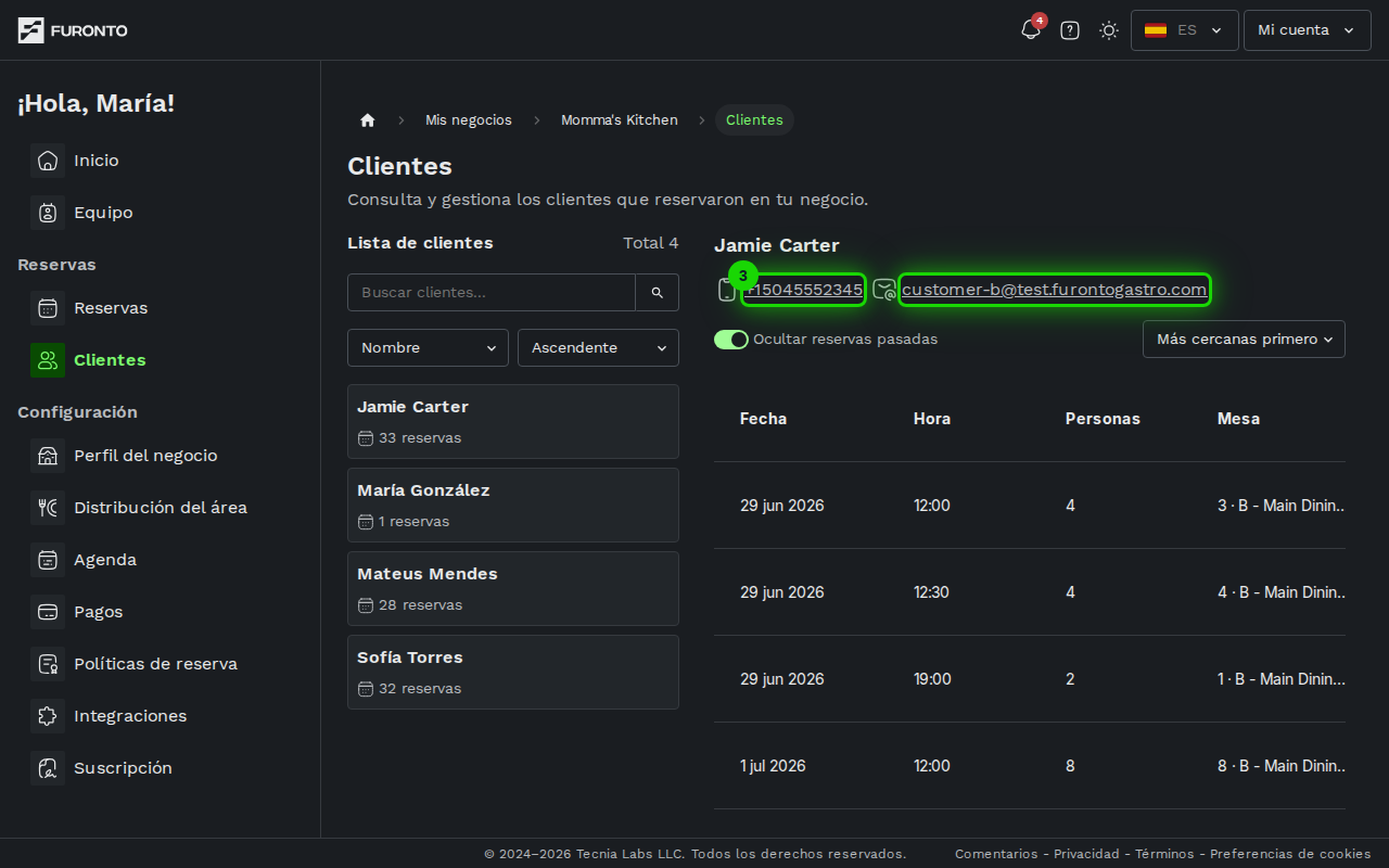 Perfil del cliente con datos de contacto