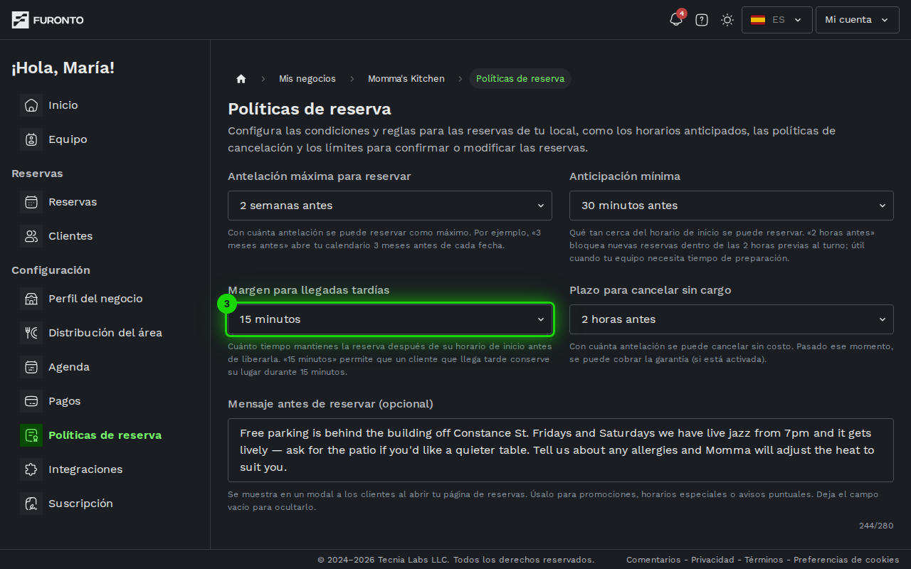 Menú de tiempo de tolerancia resaltado