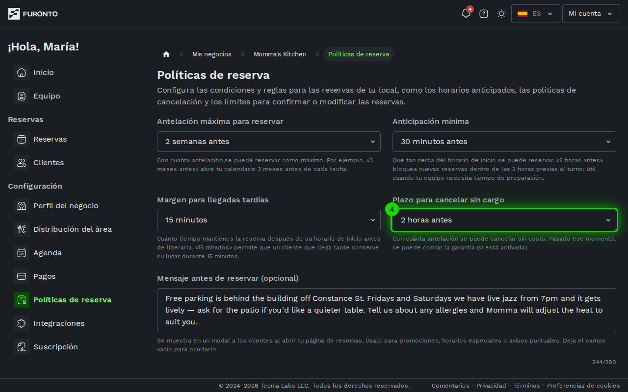 Menú de plazo de cancelación resaltado