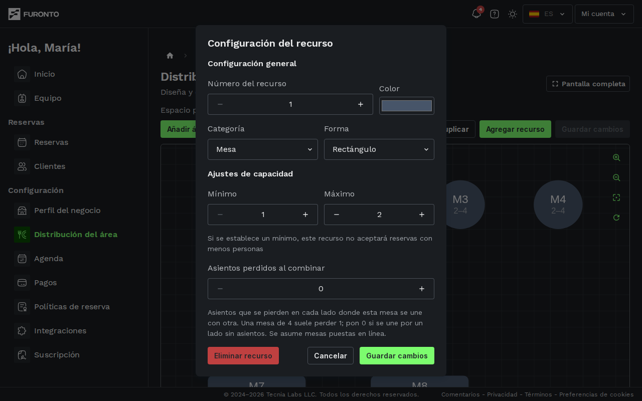 Panel de configuración de mesa abierto con campos de tamaño y capacidad