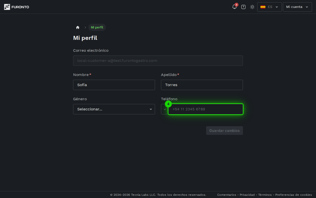 Campo de teléfono con selector de país
