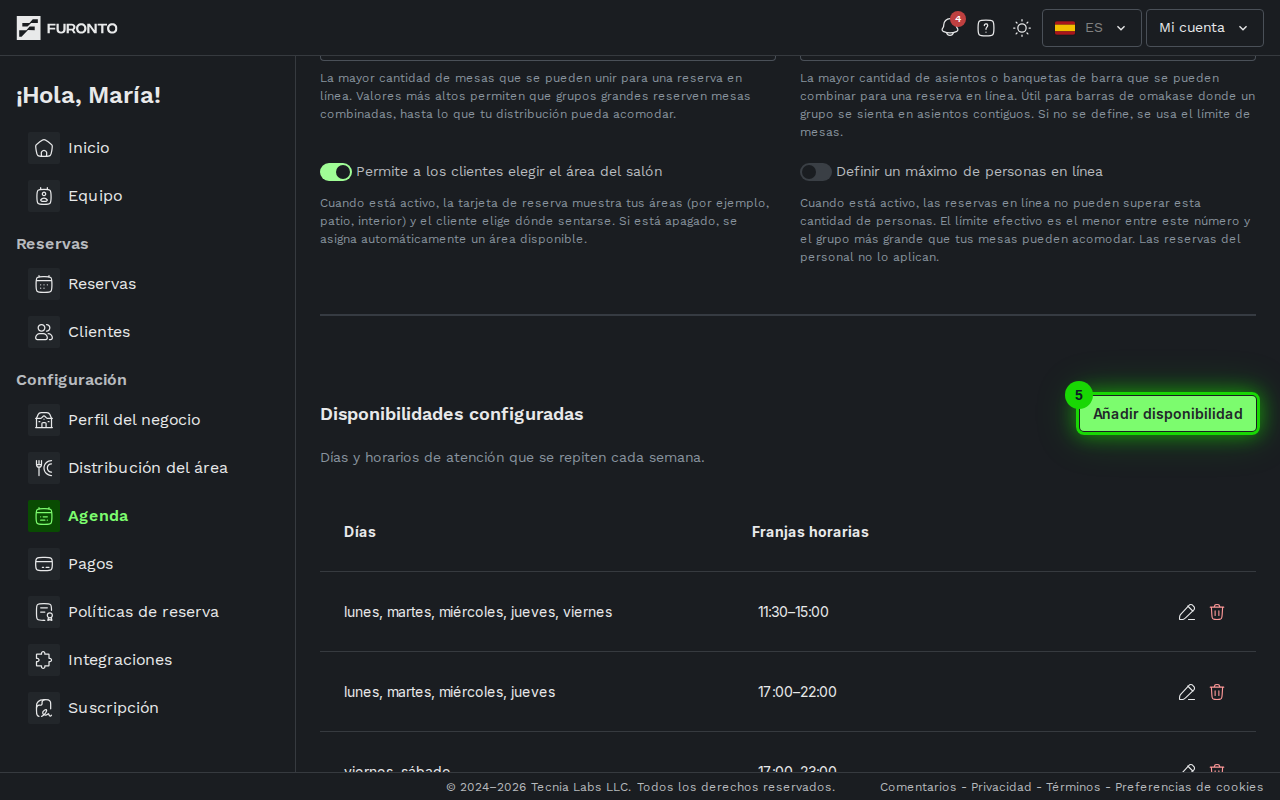 Seccion de disponibilidad con el boton de agregar disponibilidad