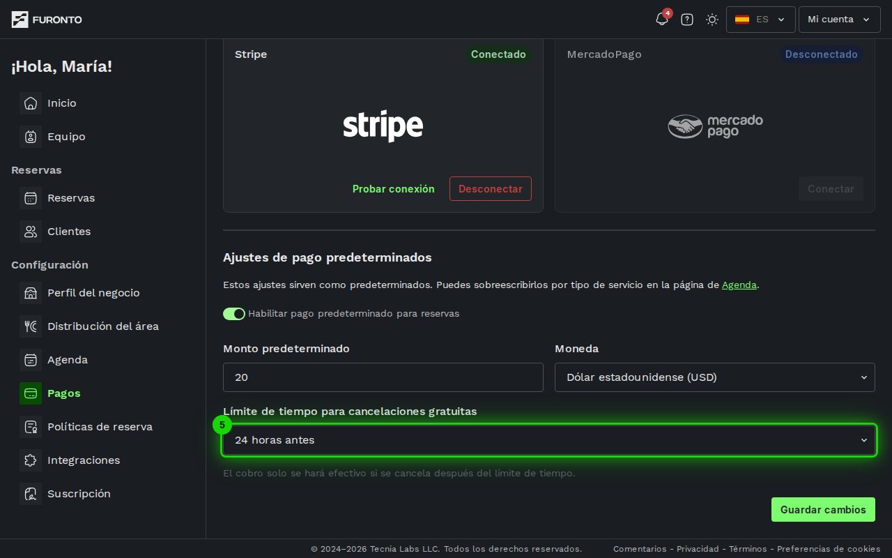 Menú desplegable del límite de tiempo de cancelación gratuita