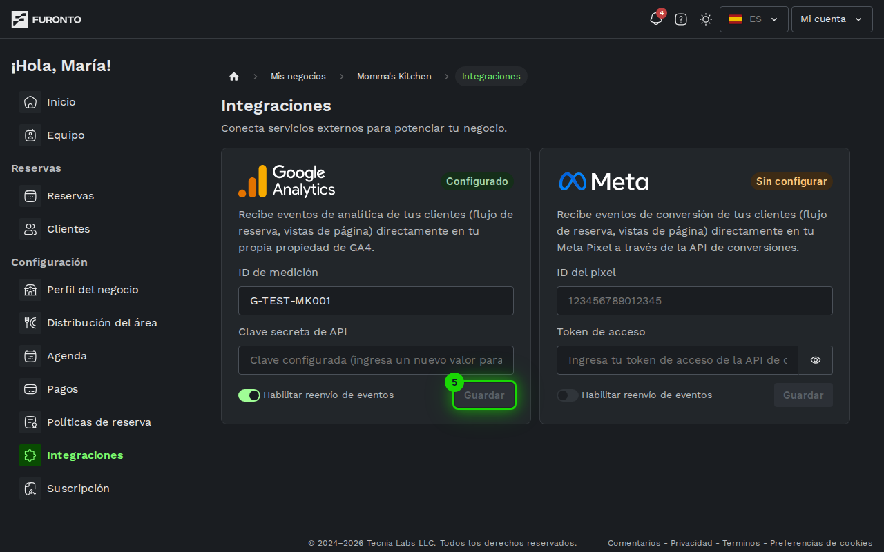 Botón de guardar en la tarjeta de integración