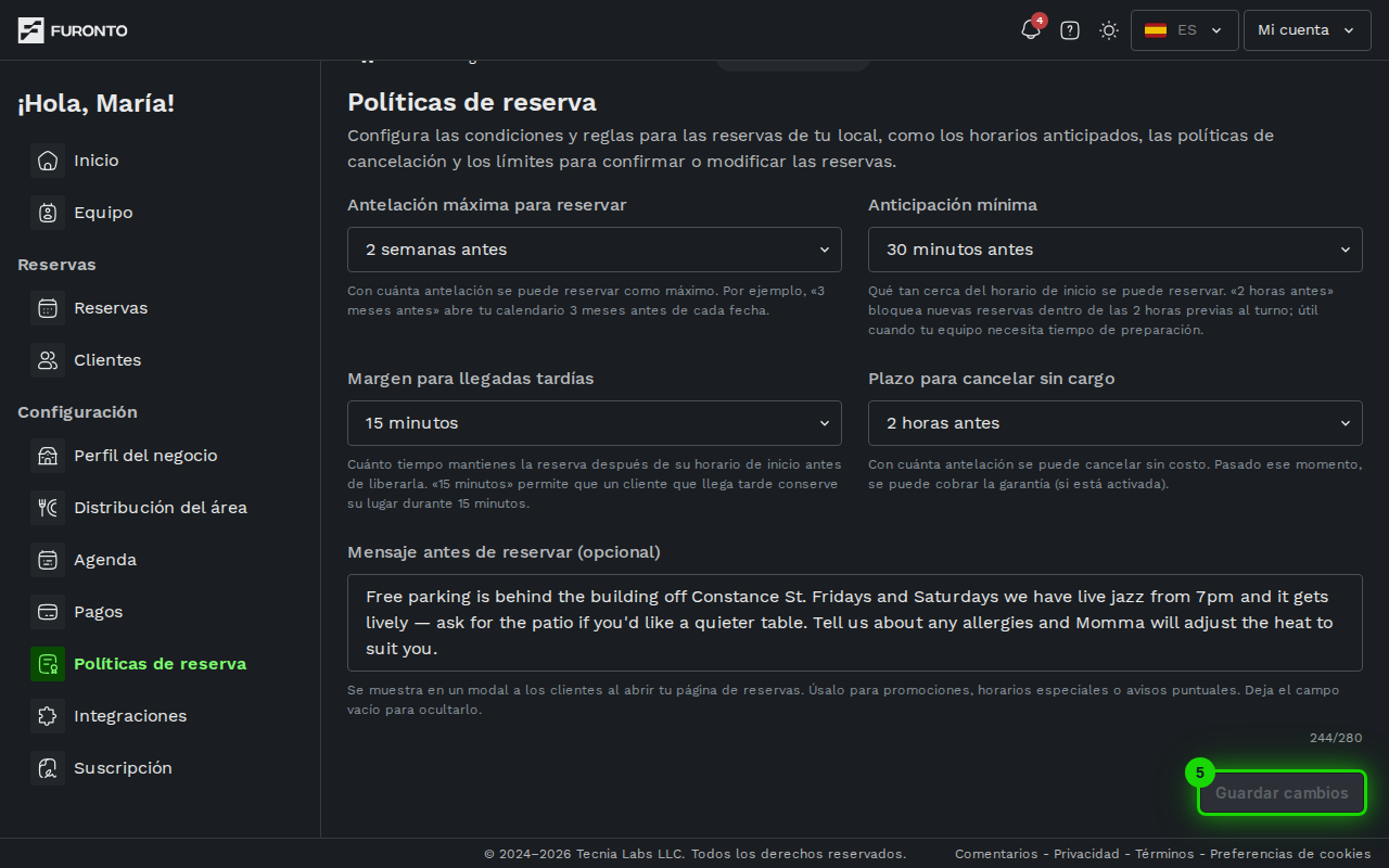 Botón de guardar cambios resaltado
