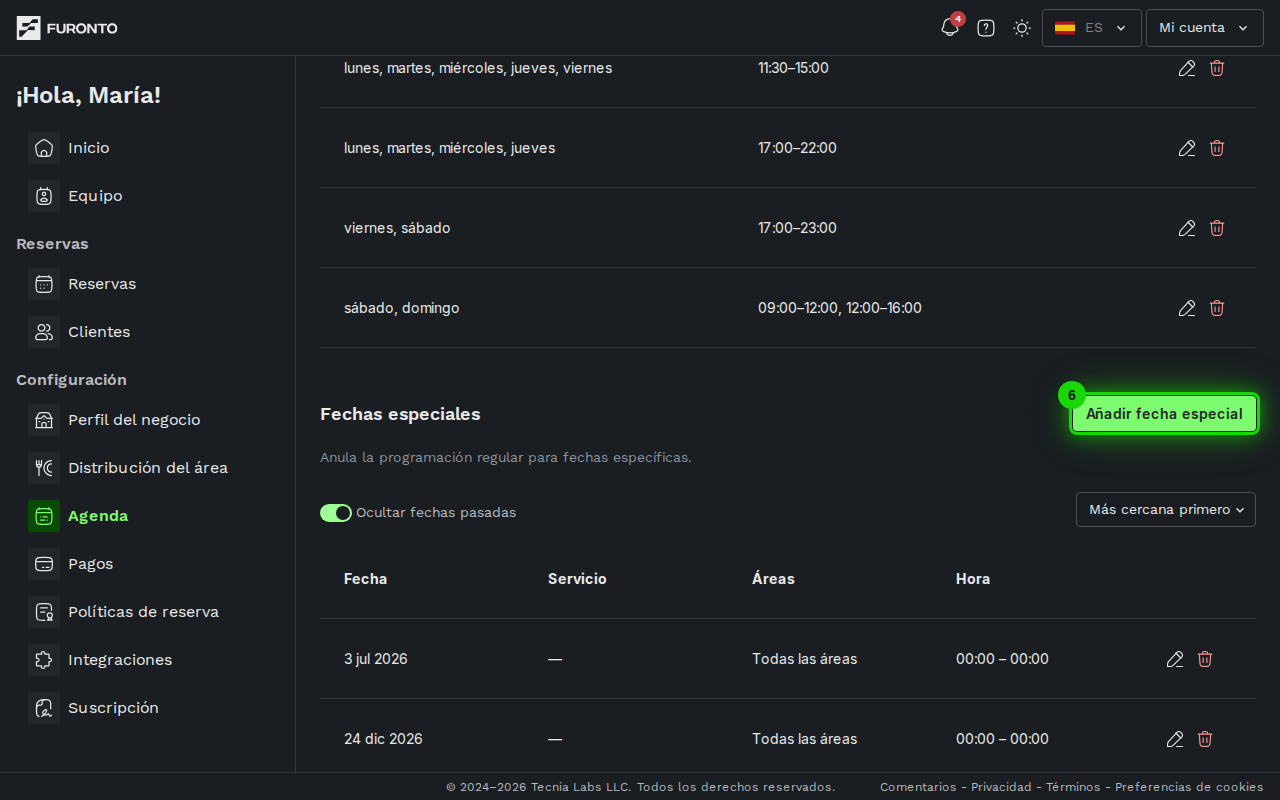Seccion de horarios con el boton de fecha especial