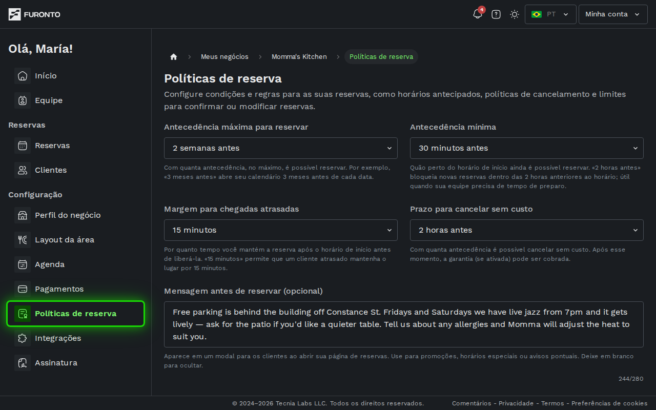 Barra lateral com Políticas de reserva destacado