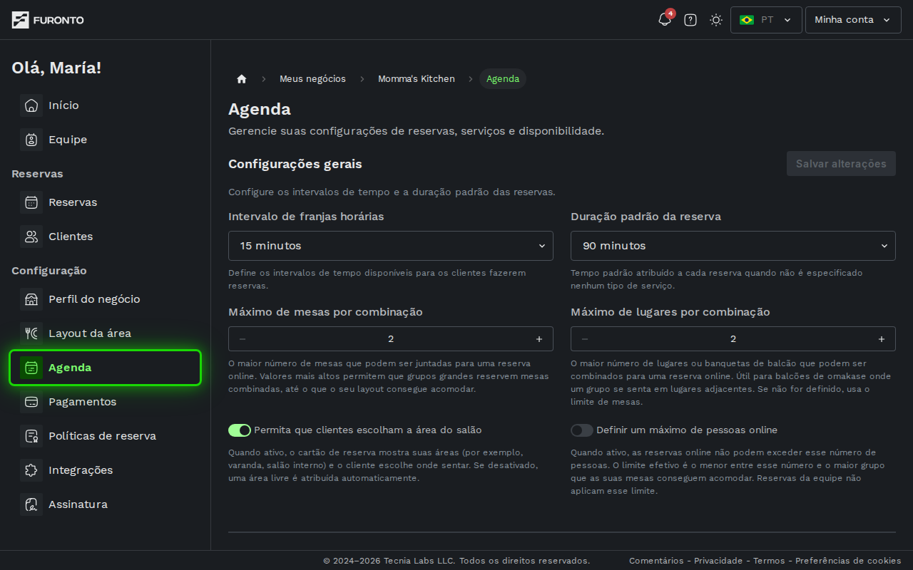 Barra lateral com a opcao de horarios destacada