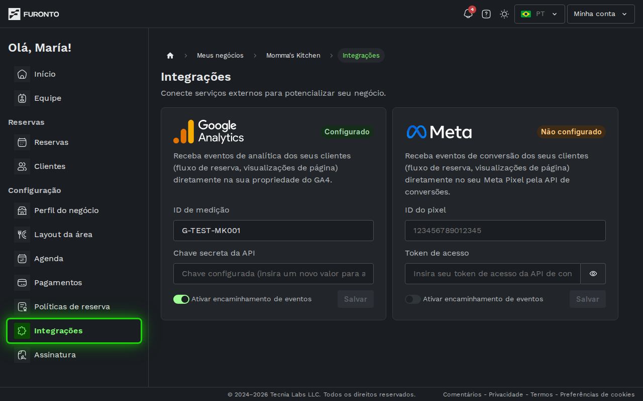 Barra lateral com a opção de integrações destacada