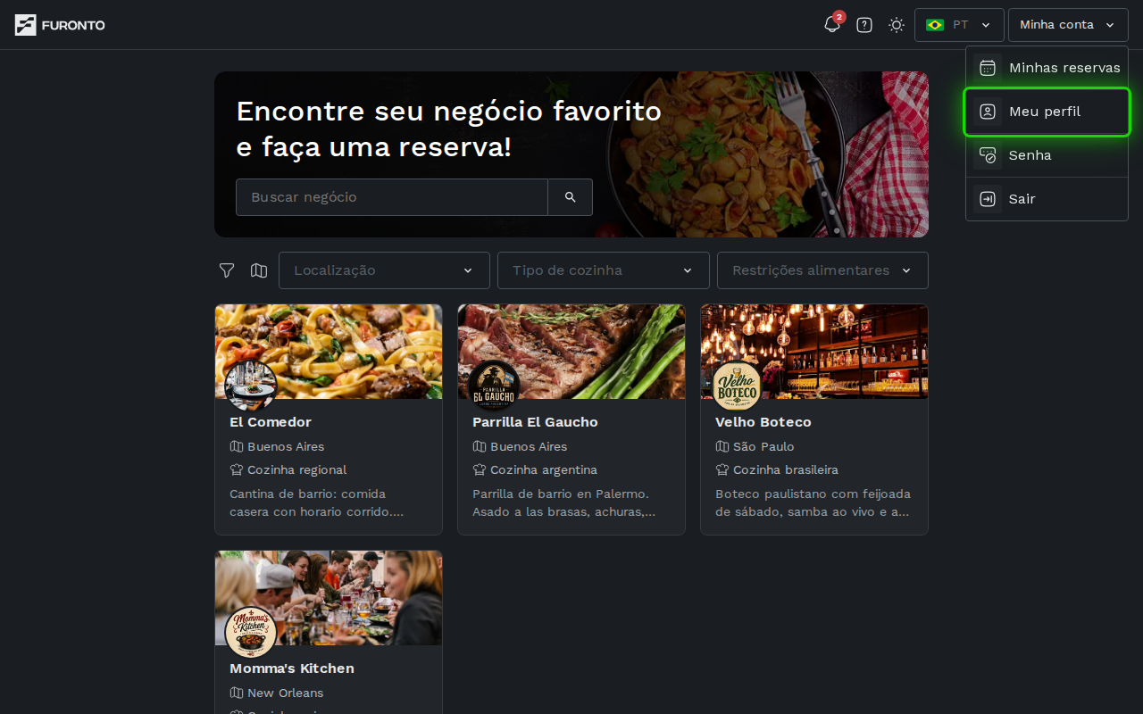 Menu Minha conta com a opção Meu perfil