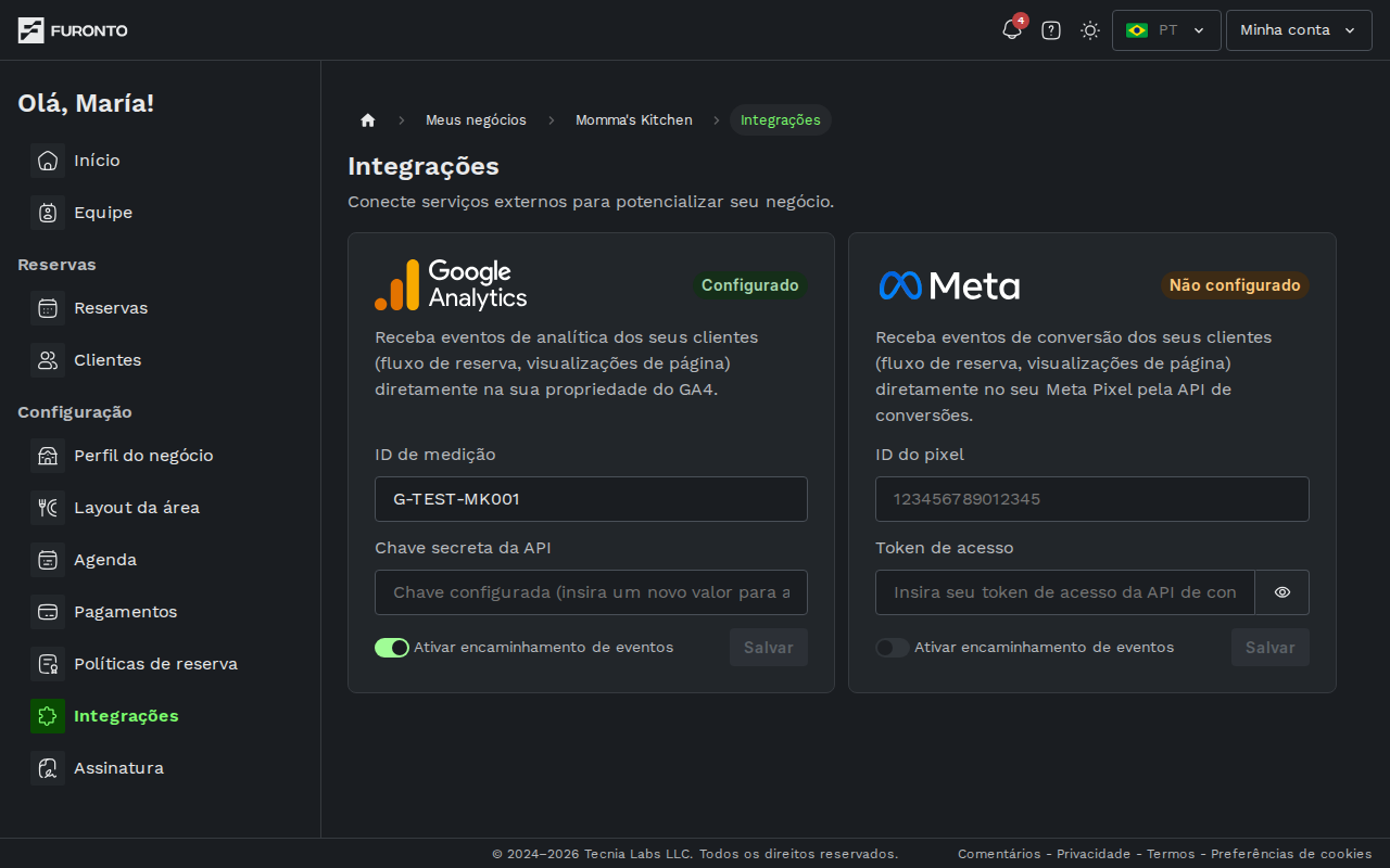 Visão geral da página de integrações com cartões do Google Analytics e Meta Pixel
