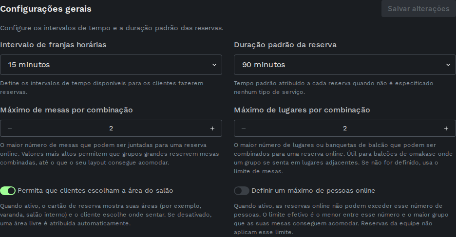 Secao de configuracoes gerais com intervalo e duracao