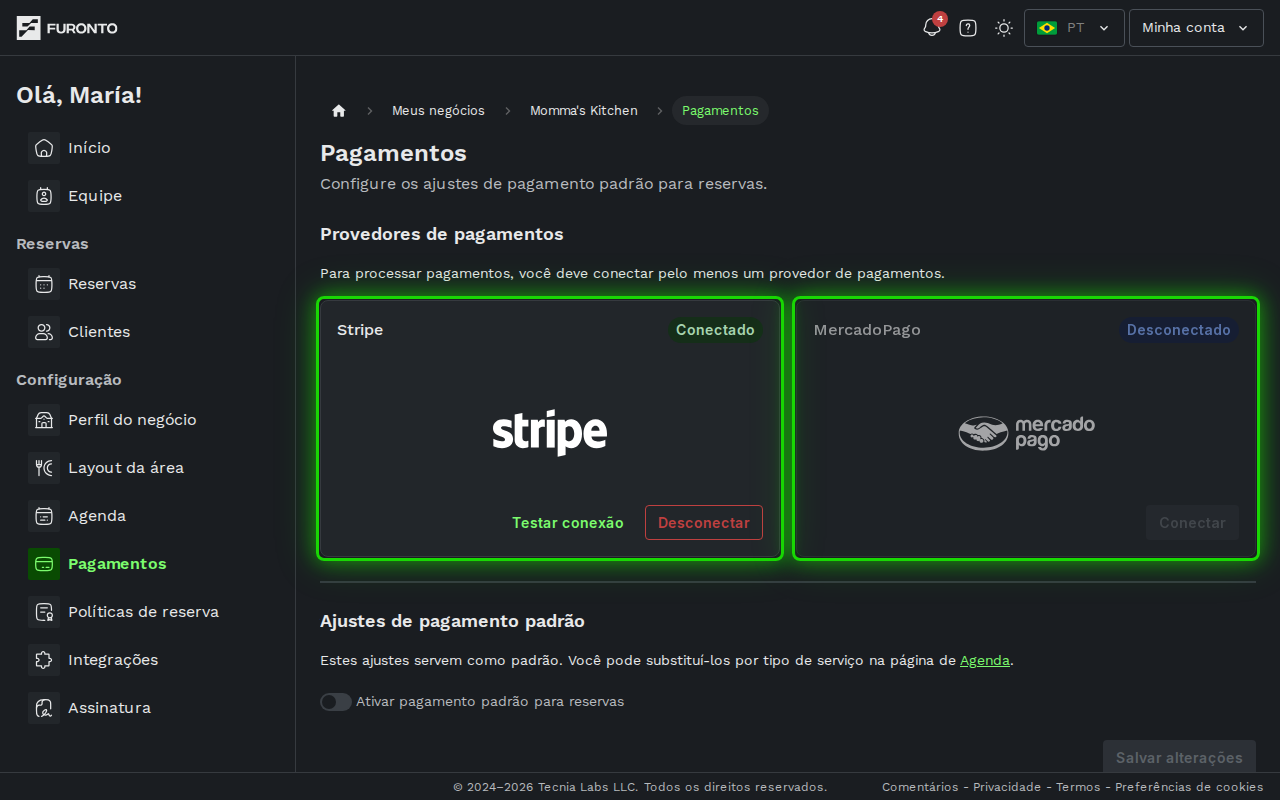 Cartões de provedor de pagamentos com as opções Stripe e Mercado Pago