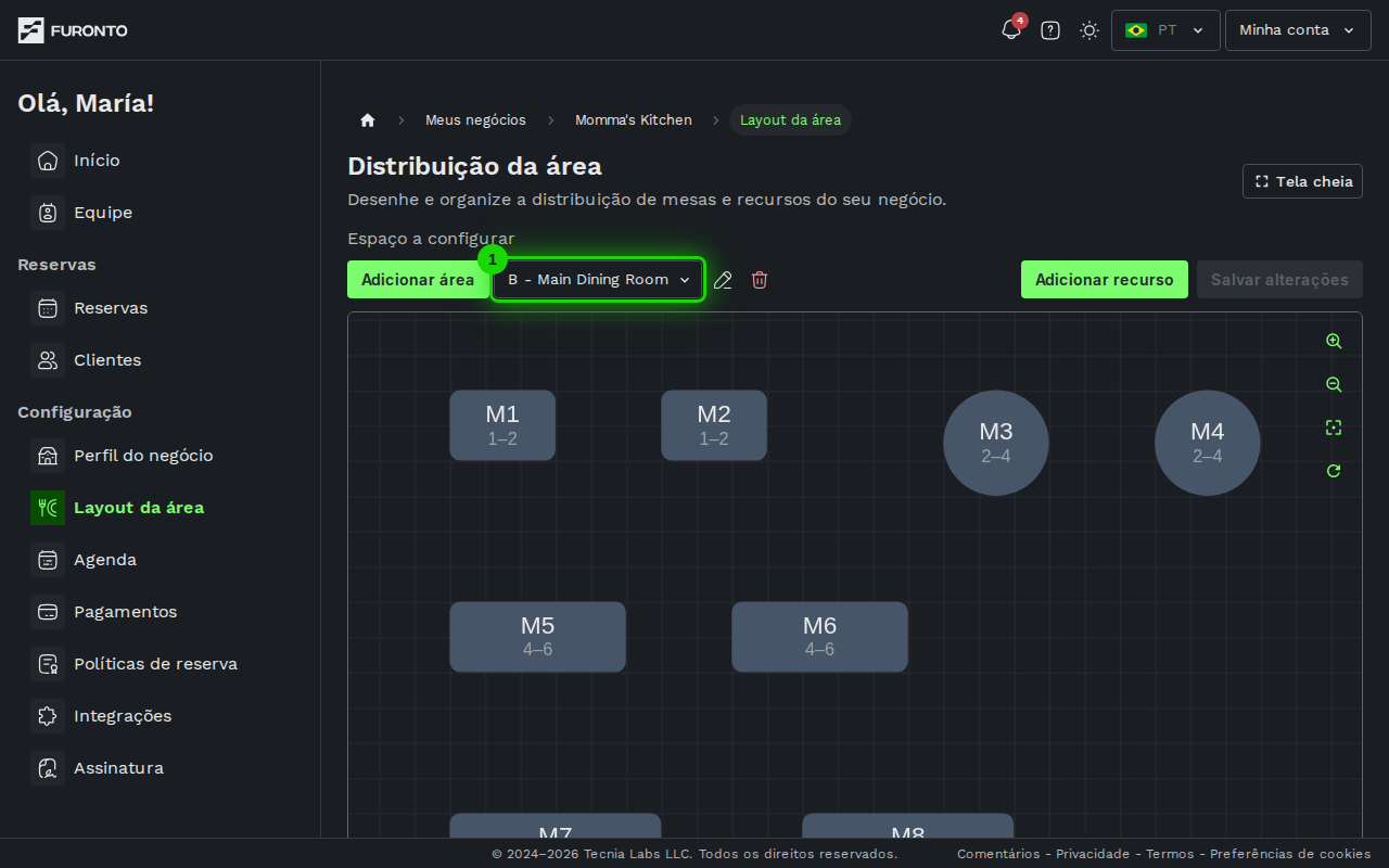 Menu de seleção de áreas com as opções visíveis