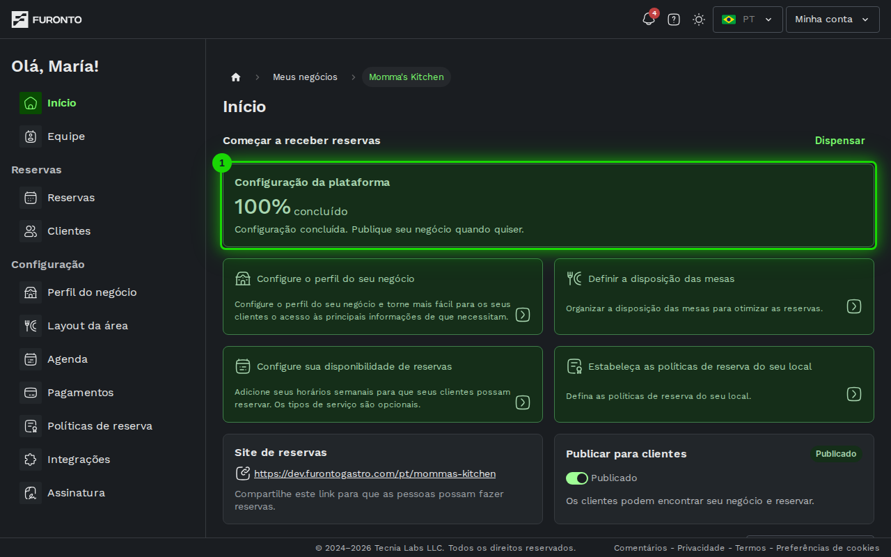 Progresso da configuração com os quatro atalhos abaixo