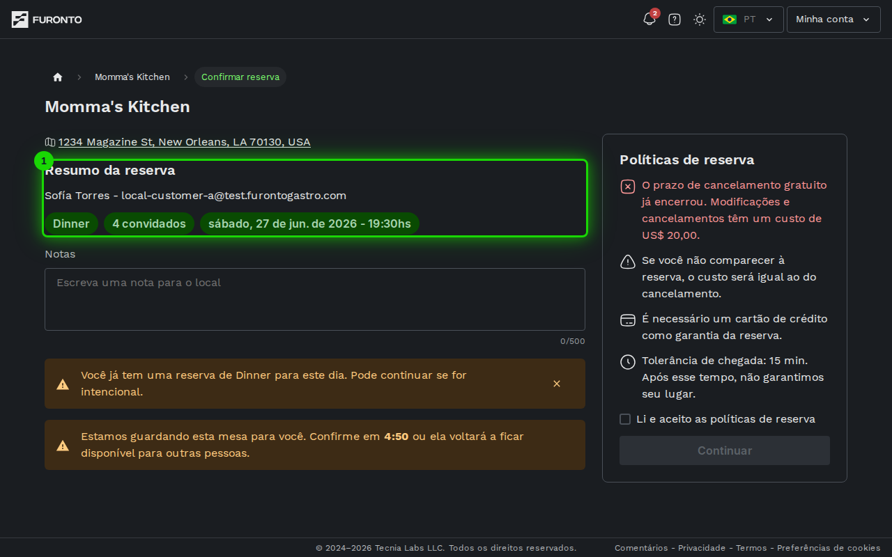 Resumo da reserva com etiquetas de serviço, pessoas, data e tolerância