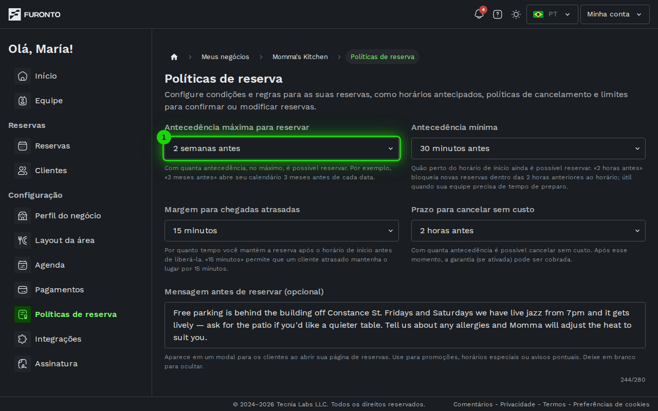 Menu de prazo para receber reservas destacado
