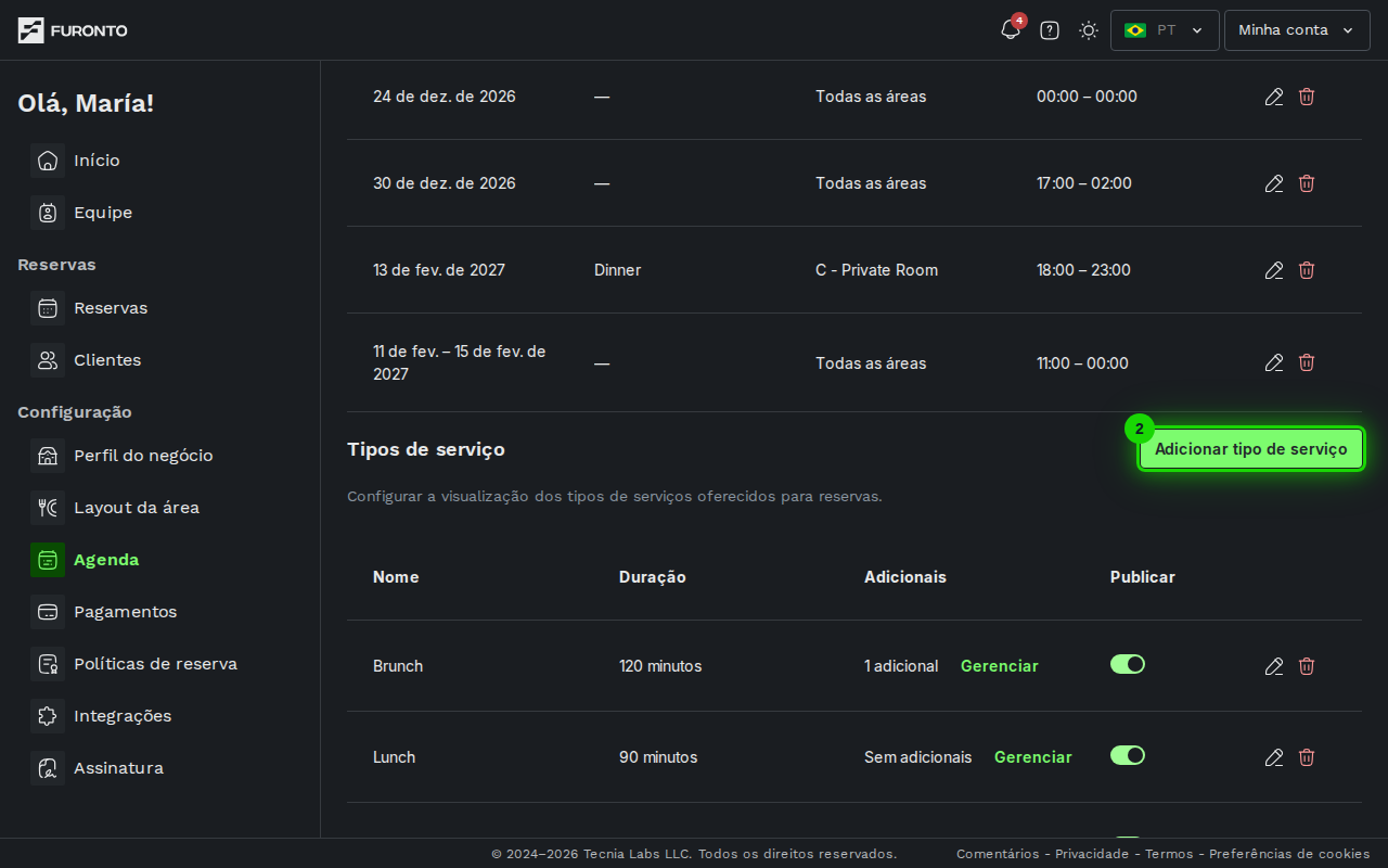 Secao de servicos com o botao de adicionar destacado
