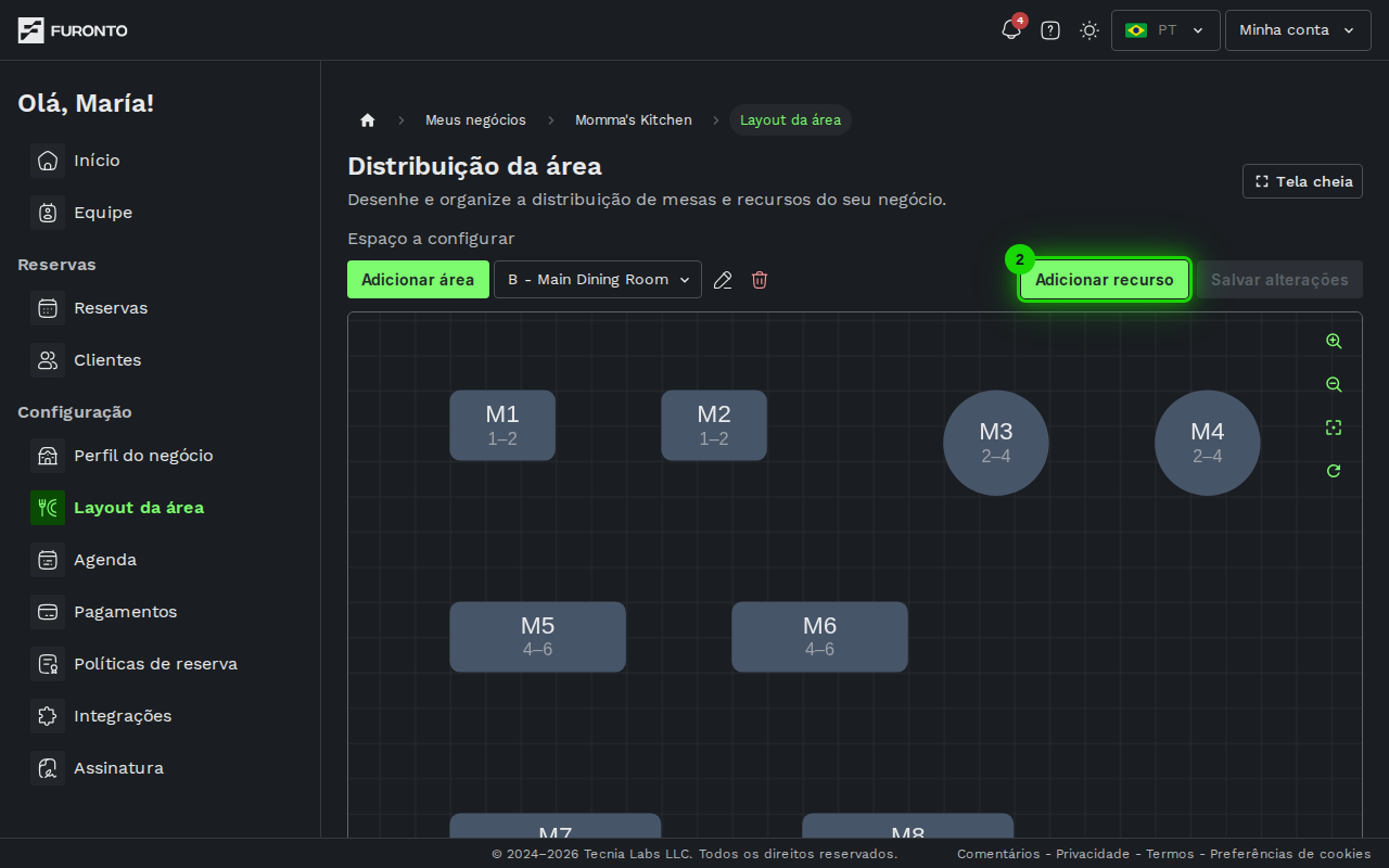 Botão de adicionar mesa destacado no topo da tela