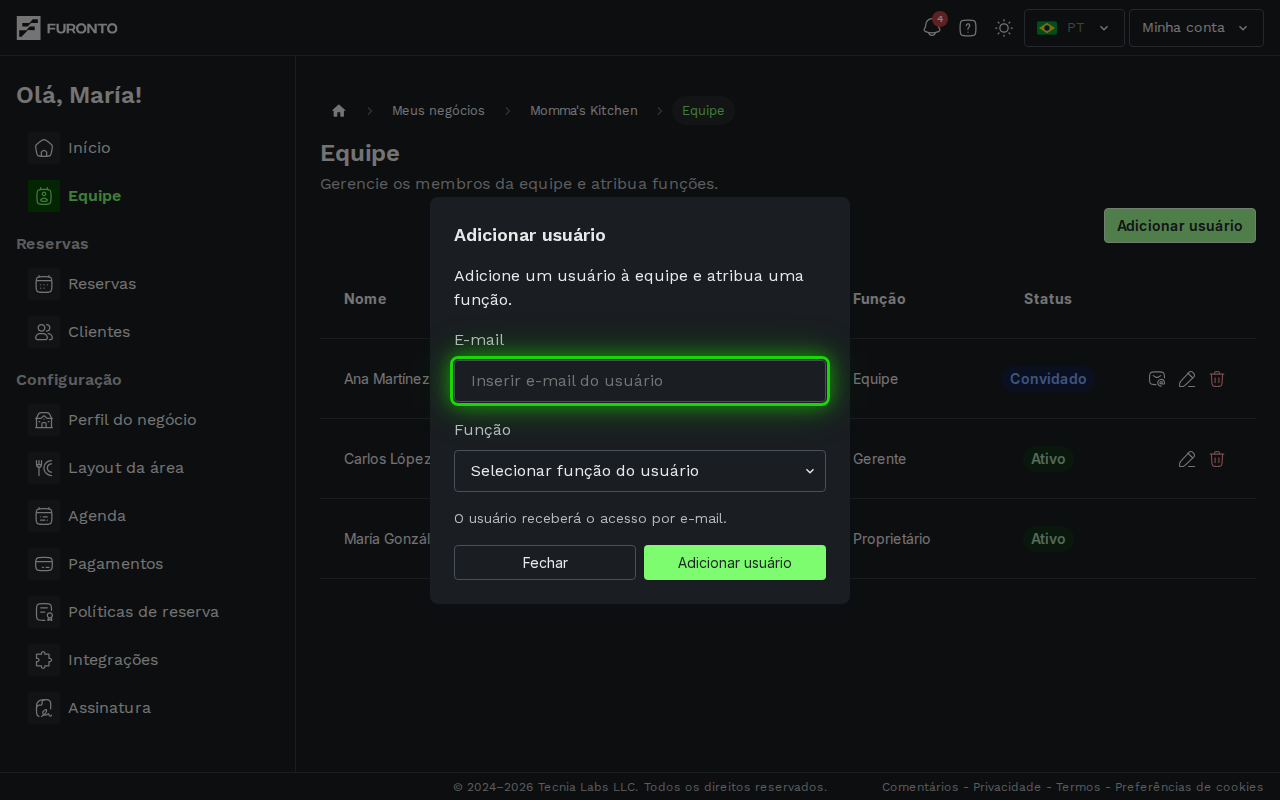 Janela adicionar usuário com o campo de e-mail