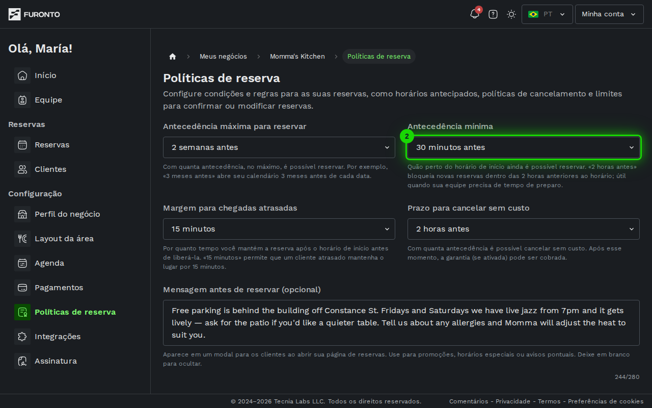 Menu de antecedência mínima destacado