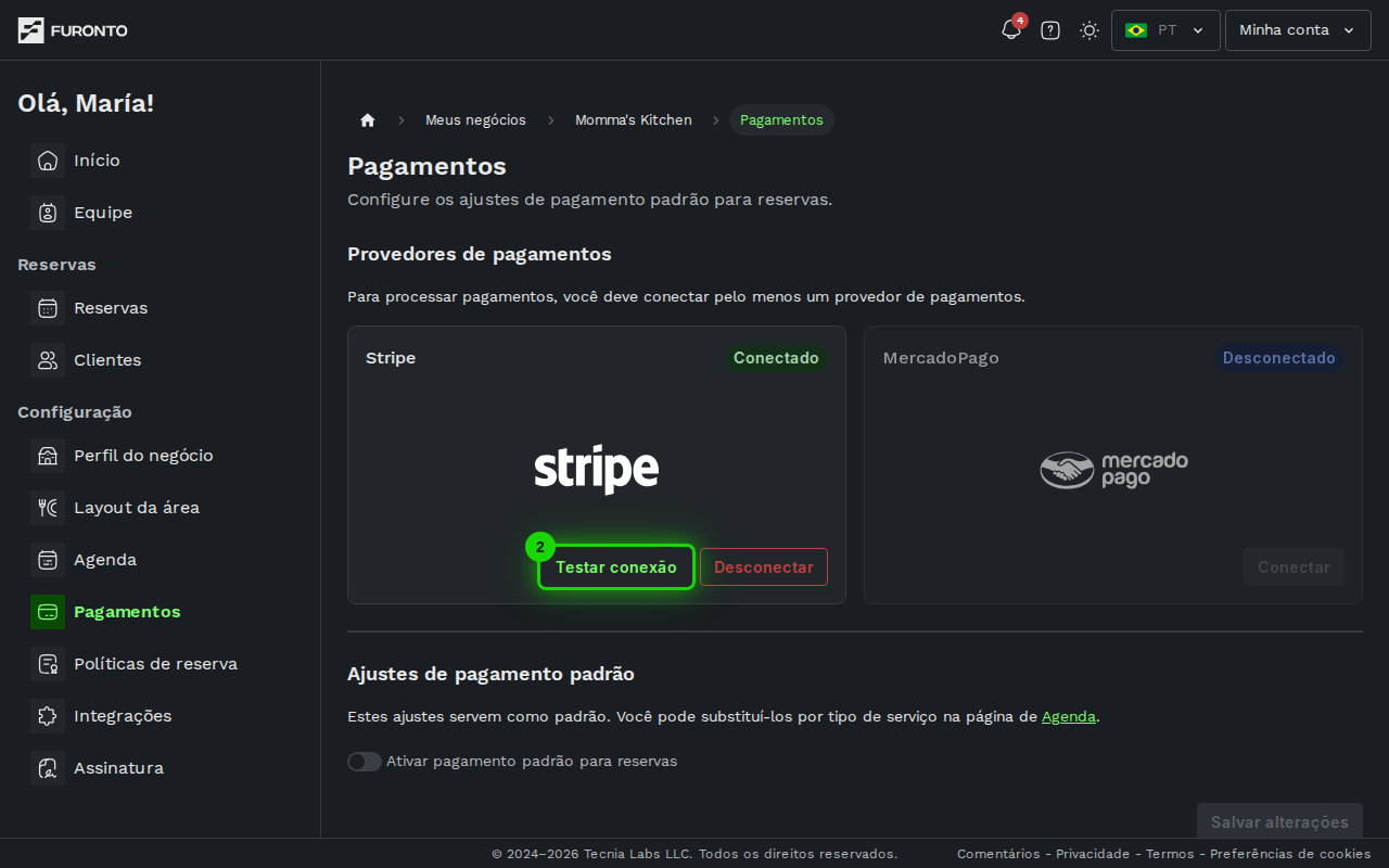 Cartão do provedor conectado com os botões de testar conexão e desconectar