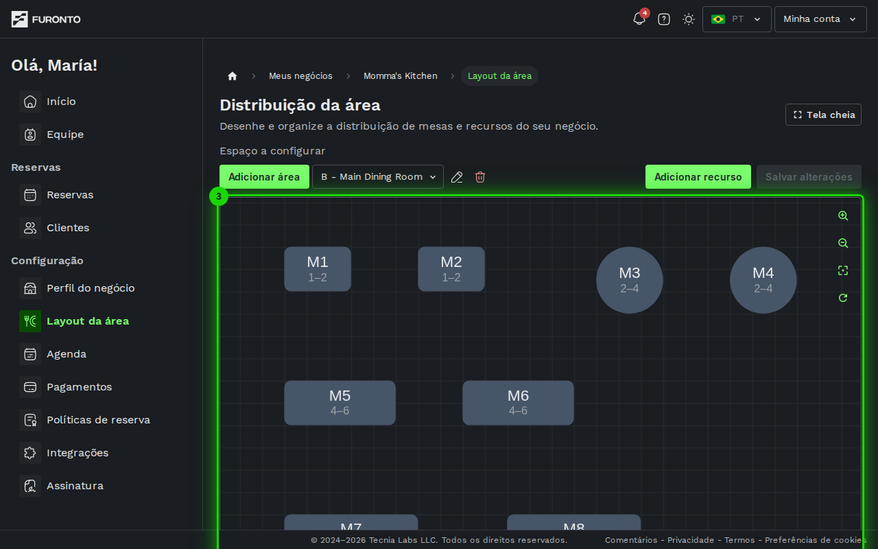 Tela com várias mesas posicionadas em locais diferentes