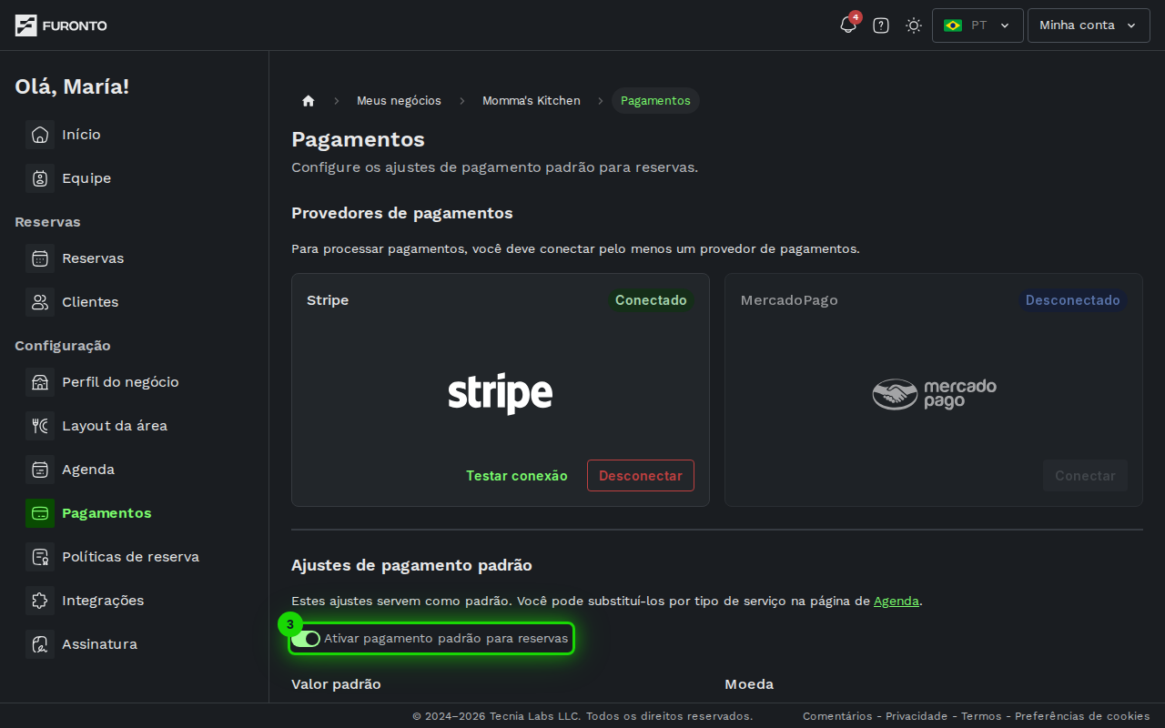 Interruptor para ativar o pagamento padrão de reservas
