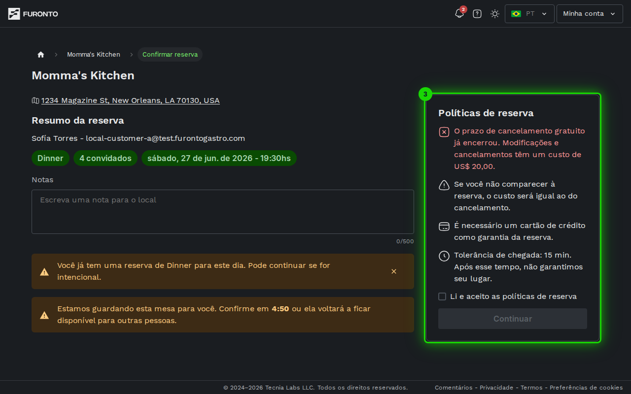 Cartão de políticas com as regras de cancelamento