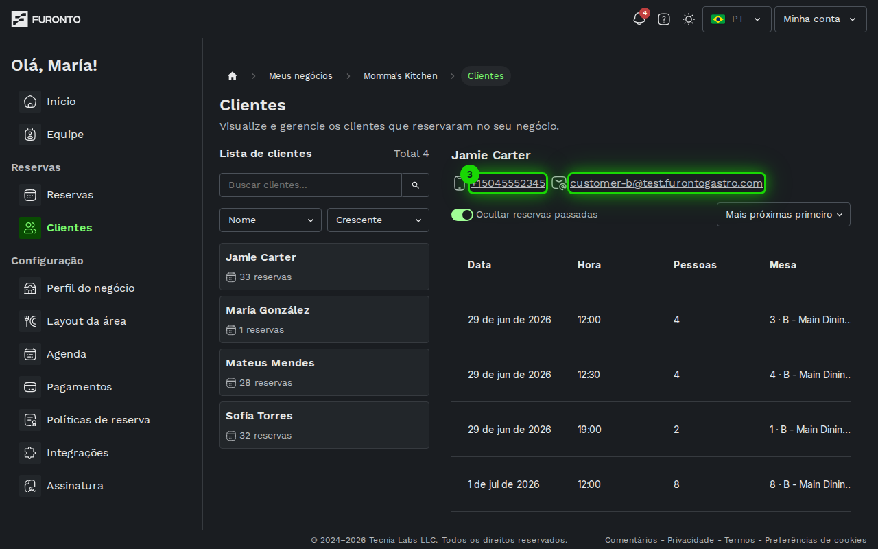 Perfil do cliente com dados de contato