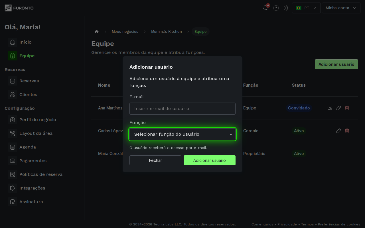 Menu de função mostrando as opções gerente e equipe