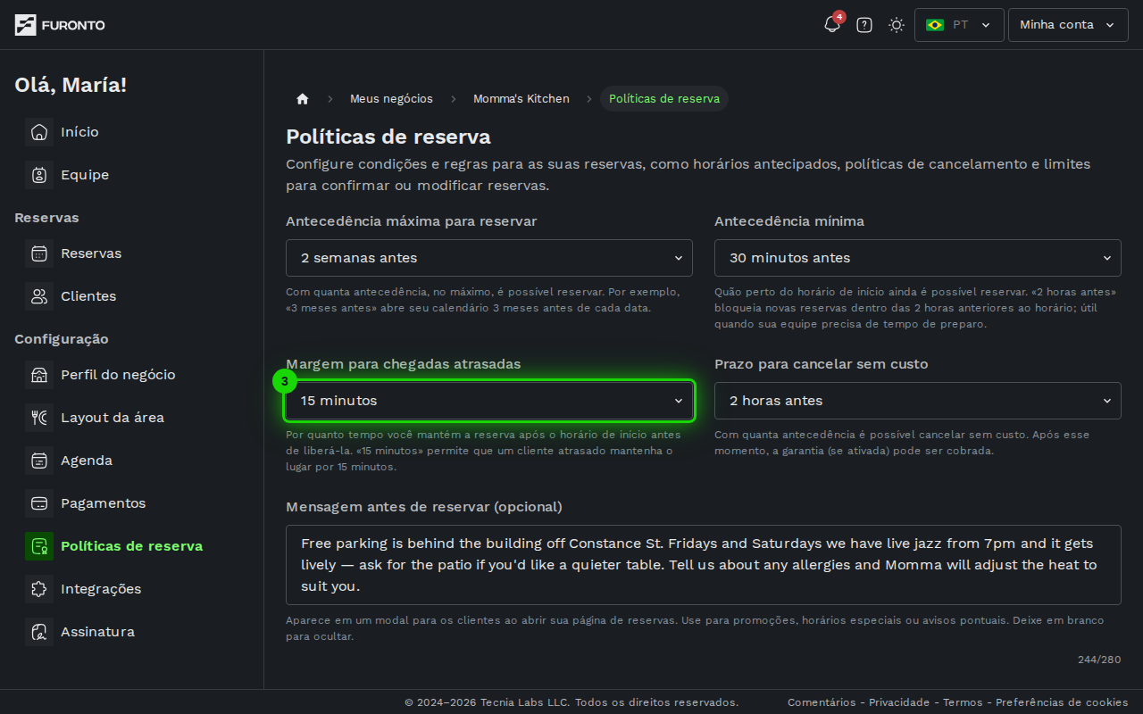 Menu de tempo de tolerância destacado