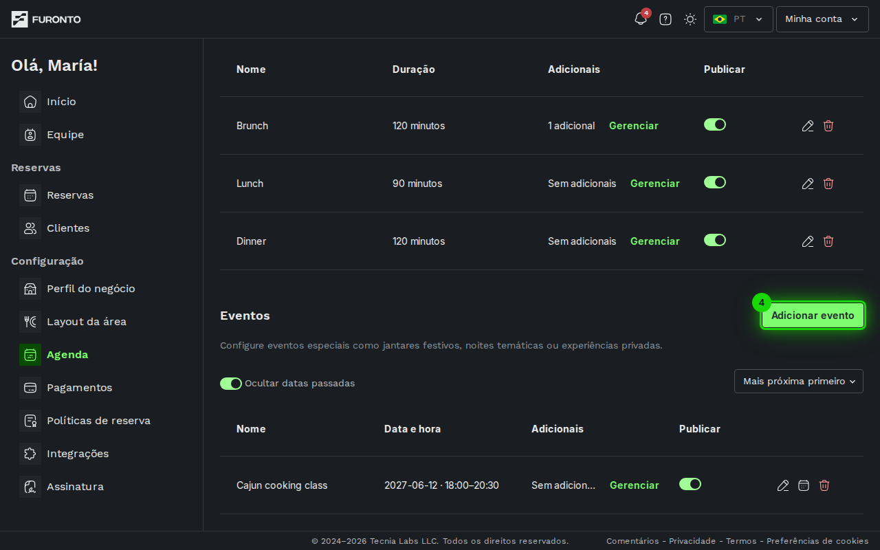 Secao de eventos com o botao de adicionar evento
