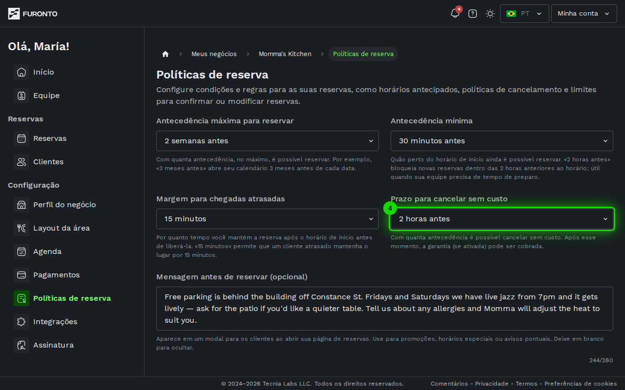 Menu de prazo de cancelamento destacado