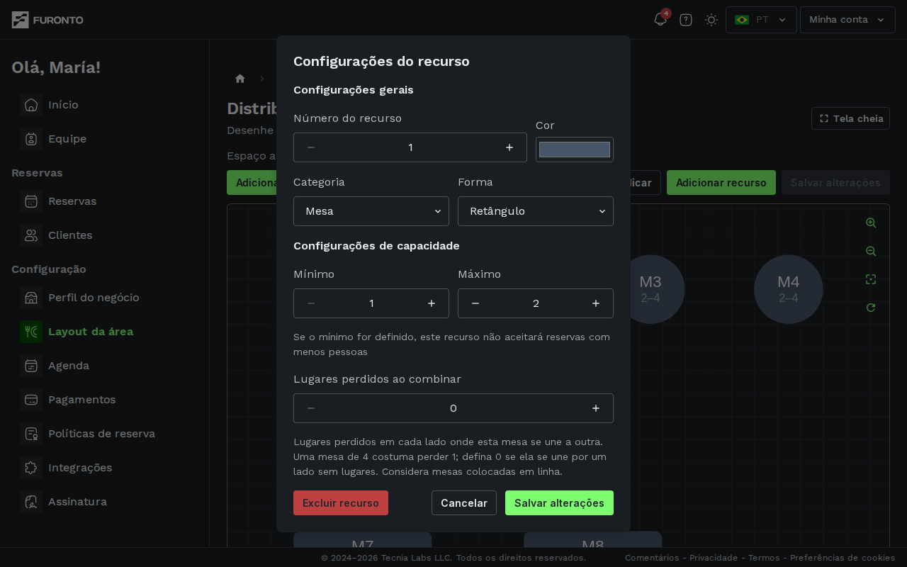 Painel de configuração de mesa aberto com campos de tamanho e capacidade
