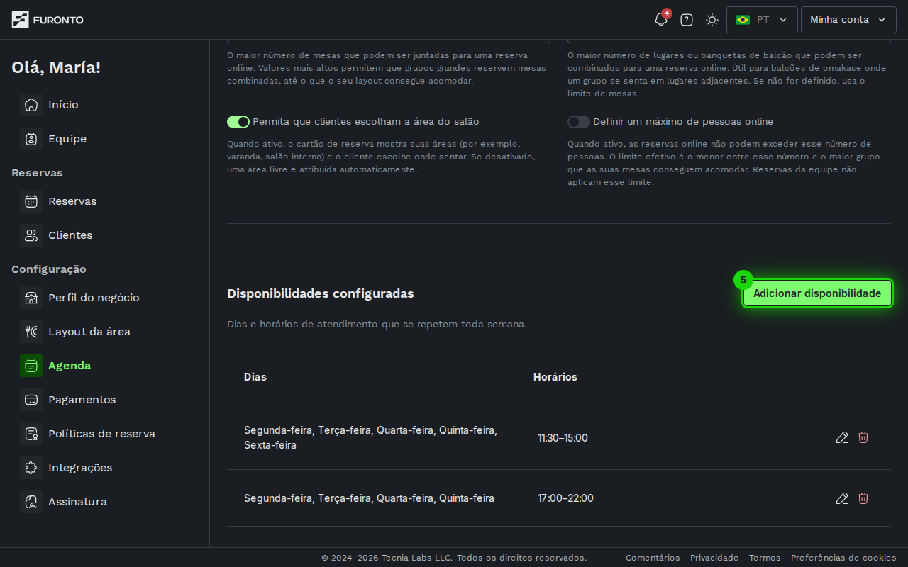 Secao de disponibilidade com o botao de adicionar disponibilidade