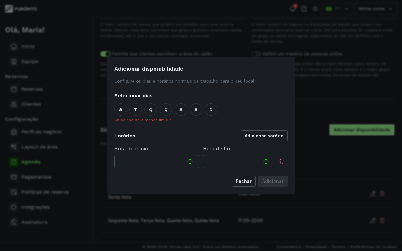 Modal de adicionar disponibilidade com dias e horarios