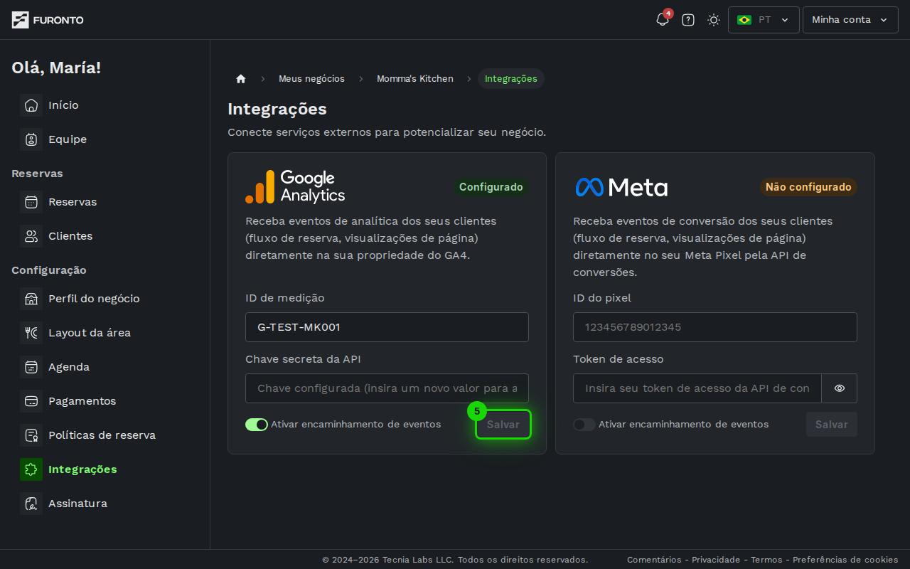 Botão de salvar no cartão de integração