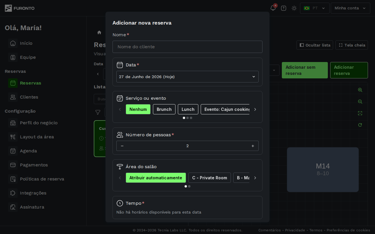 Modal de adicionar reserva aberto