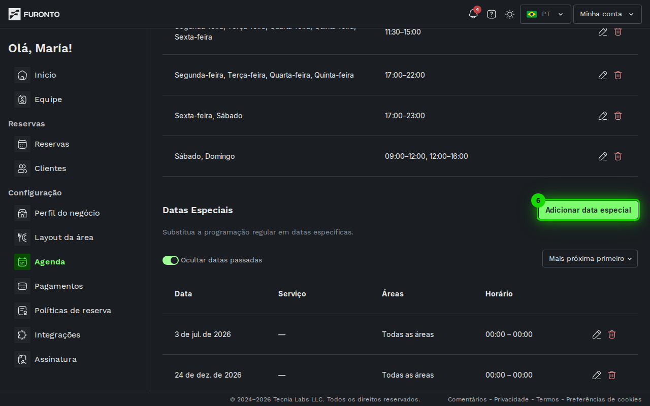 Secao de horarios com o botao de data especial