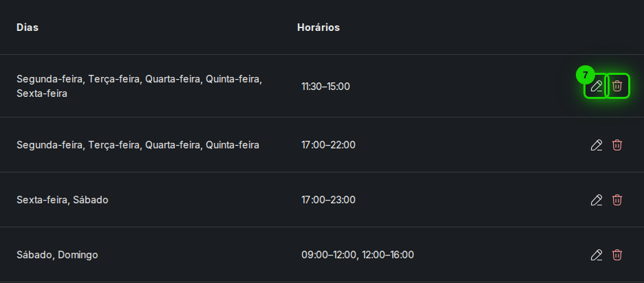 Item de horario com icones de editar e excluir