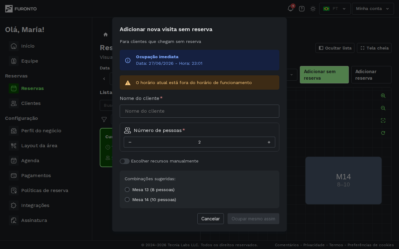 Modal de adicionar sem reserva aberto